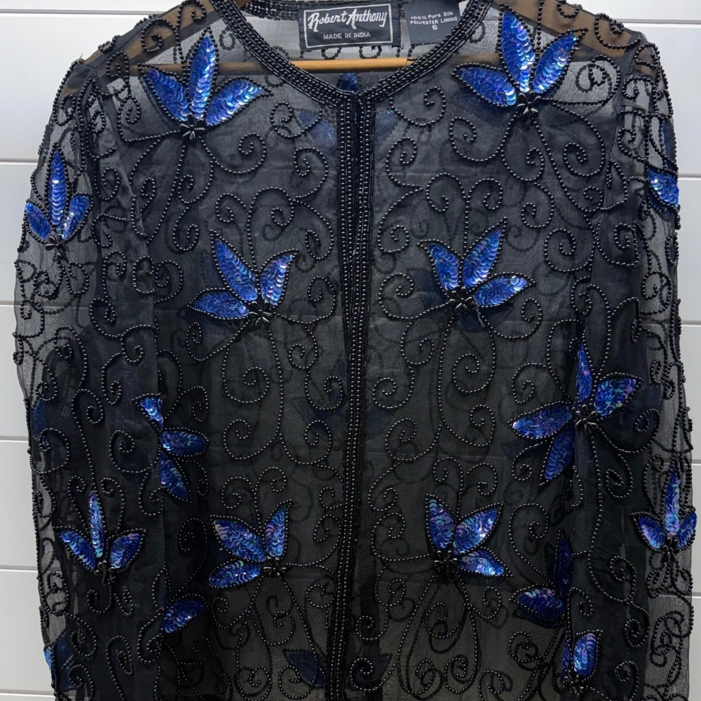Robert Anthony Vintage Silk Beaded Sequin Butterfly Evening Jacket Black Blue S
